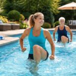 Poolside water fitness exercise in a residential backyard swimming pool
