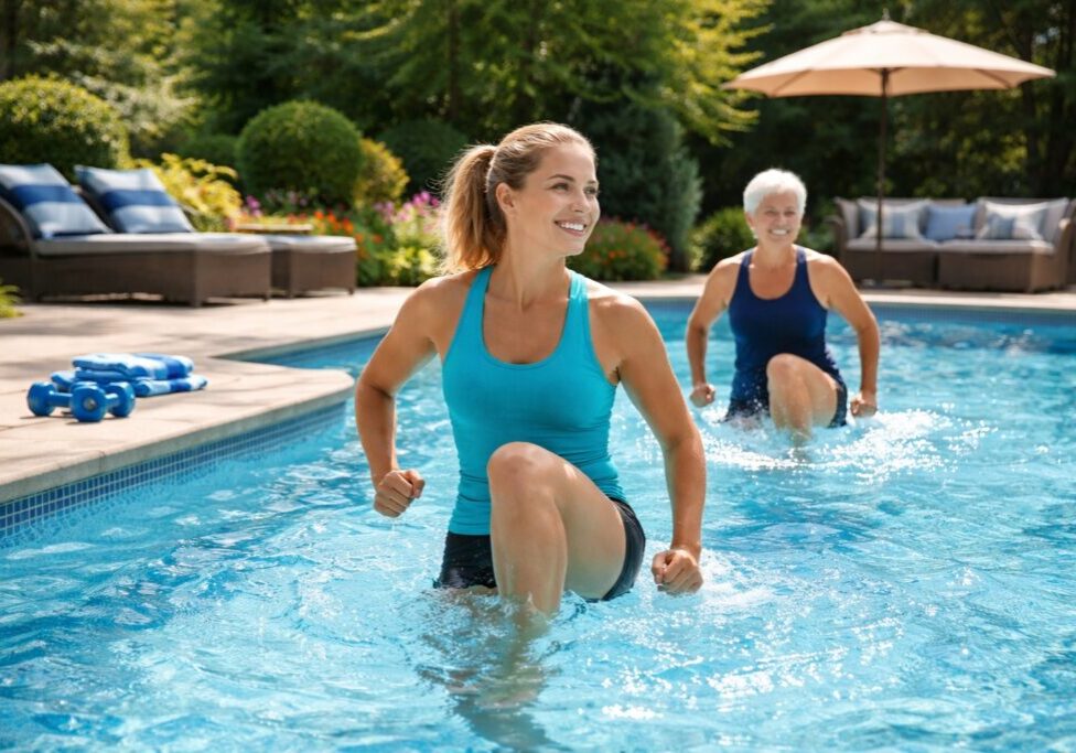 Poolside water fitness exercise in a residential backyard swimming pool